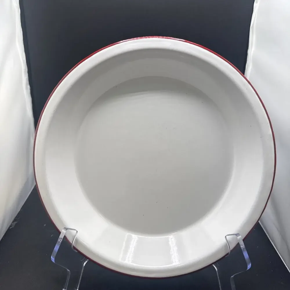 Vintage White Red Rim Enamelware Dinner Plate Farmhouse Camp Rustic 9.5 Inches